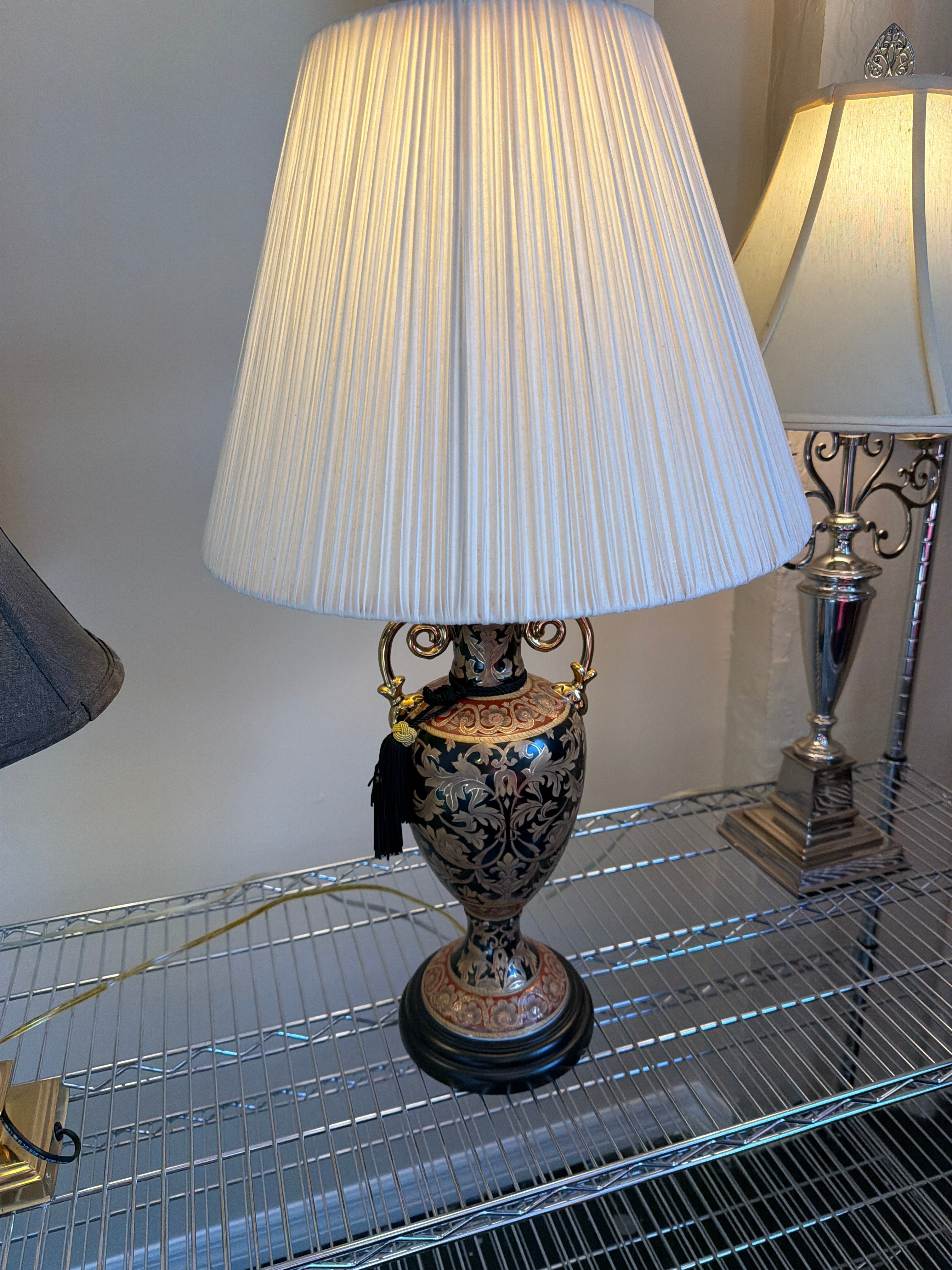 Bombay red and black urn lamp