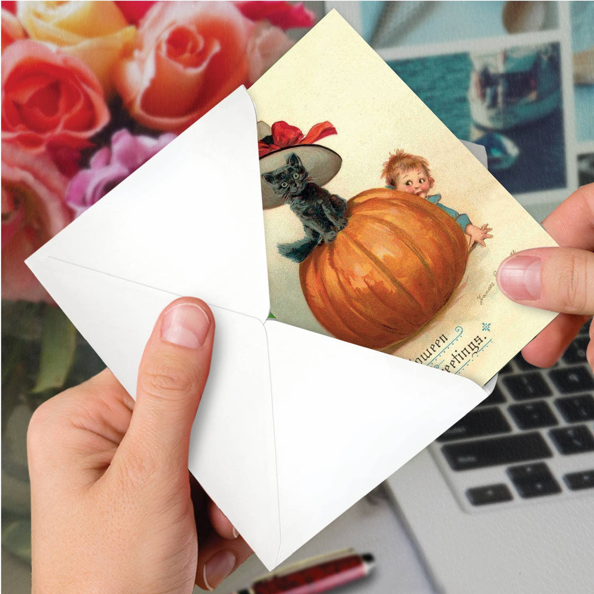 Halloween Greeting Card - Vintage Pumpkin Youngsters - Cat