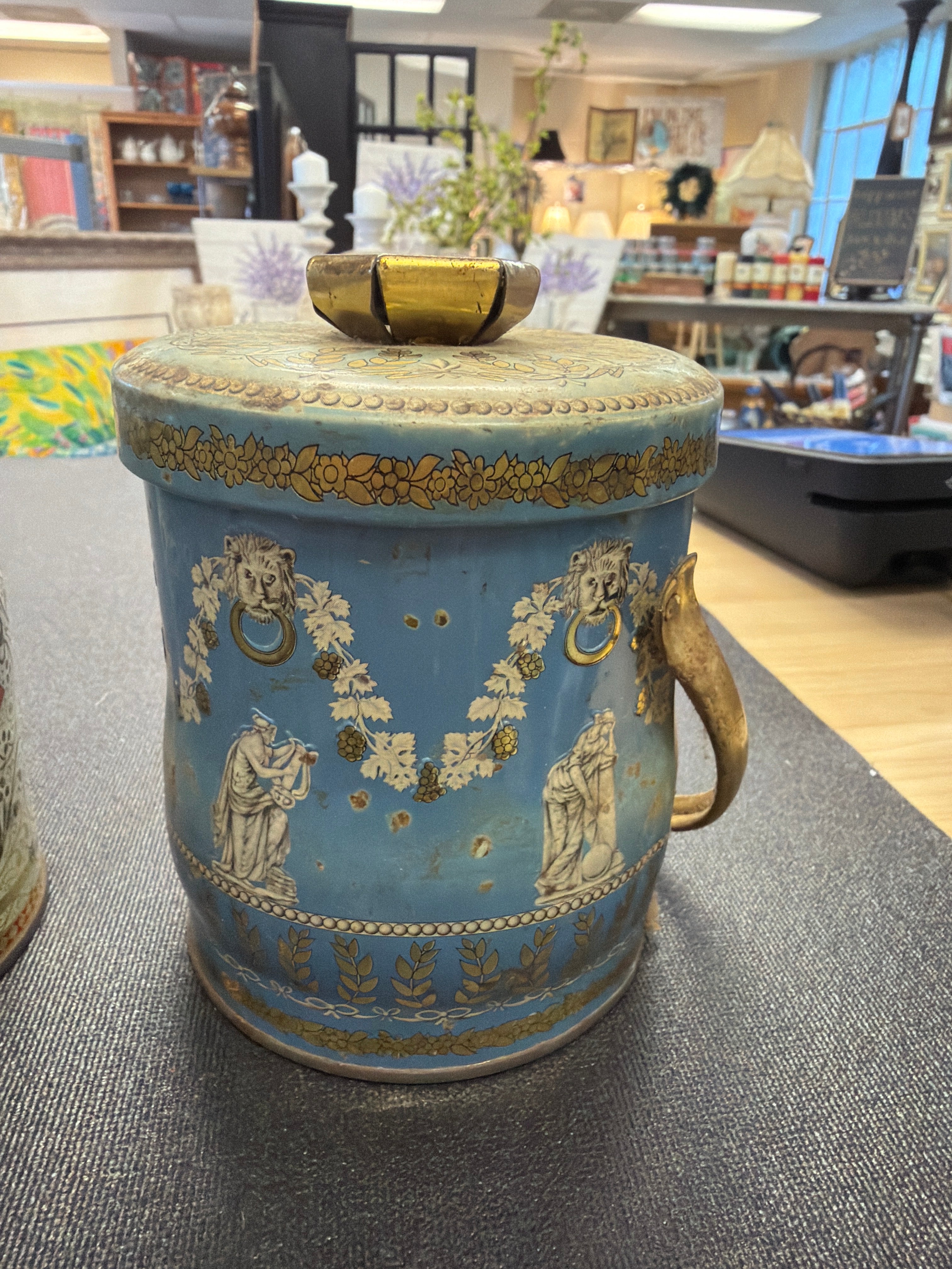 Vintage Murray Allen "Corinth" confections tin featuring a Greek-themed design