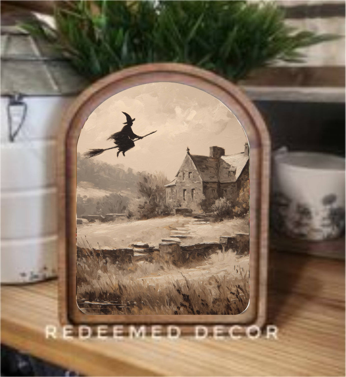 Arch Top Flying Witch Framed Art     : 6x8"
