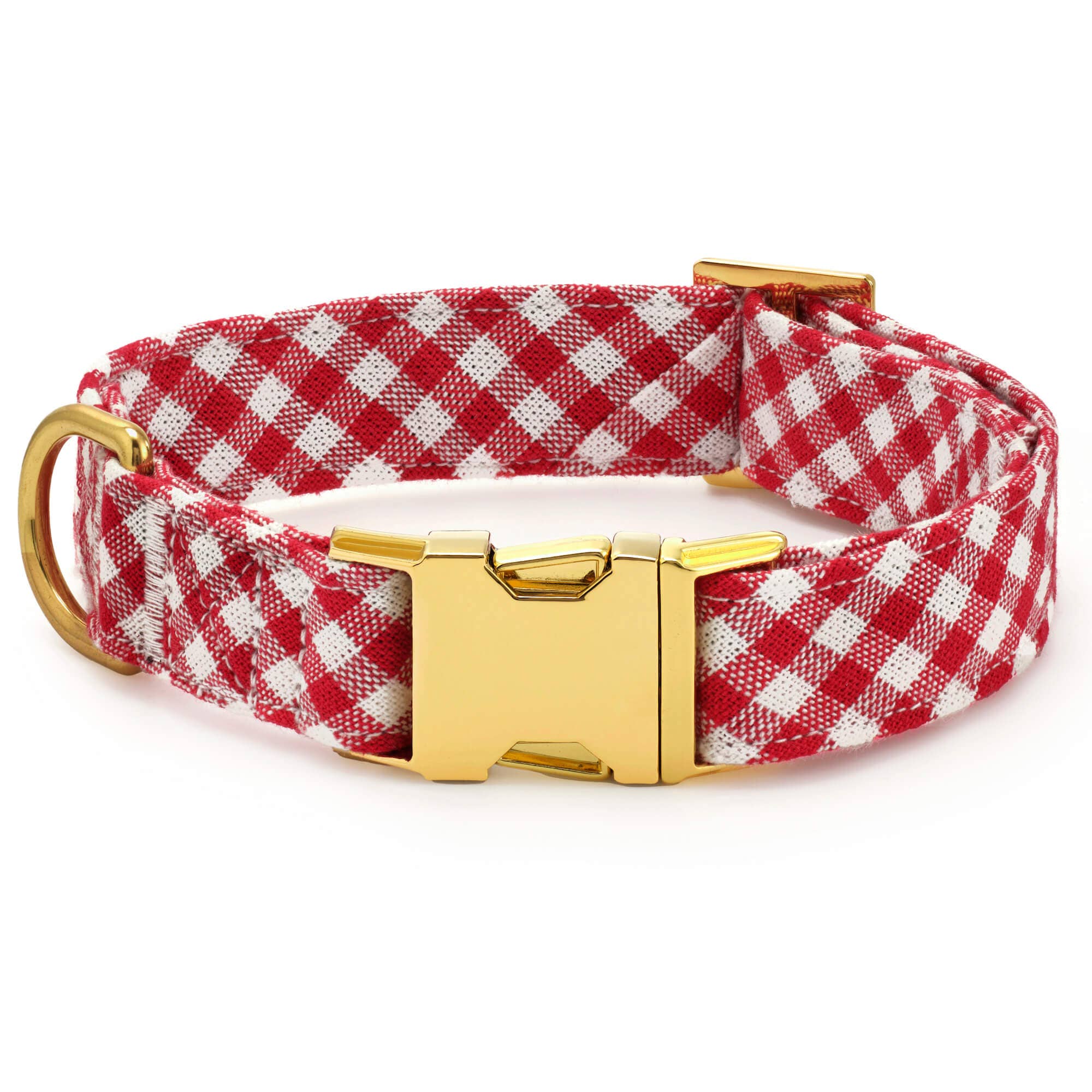 Red Gingham Dog Collar: XS / Gold