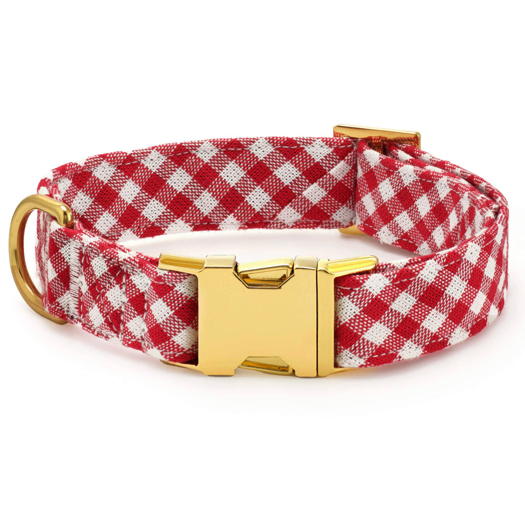 Red Gingham Dog Collar: S / Gold