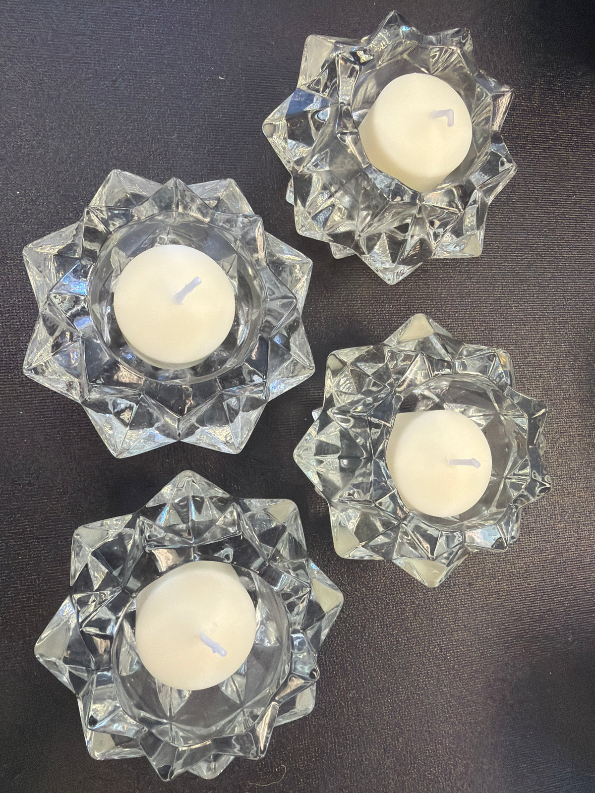 Indiana Glass starburst geometric candle holders (4)