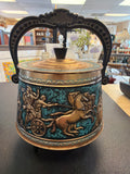 Vintage Tobacco Jar in Embossed Copper Greek Mythology w/handles