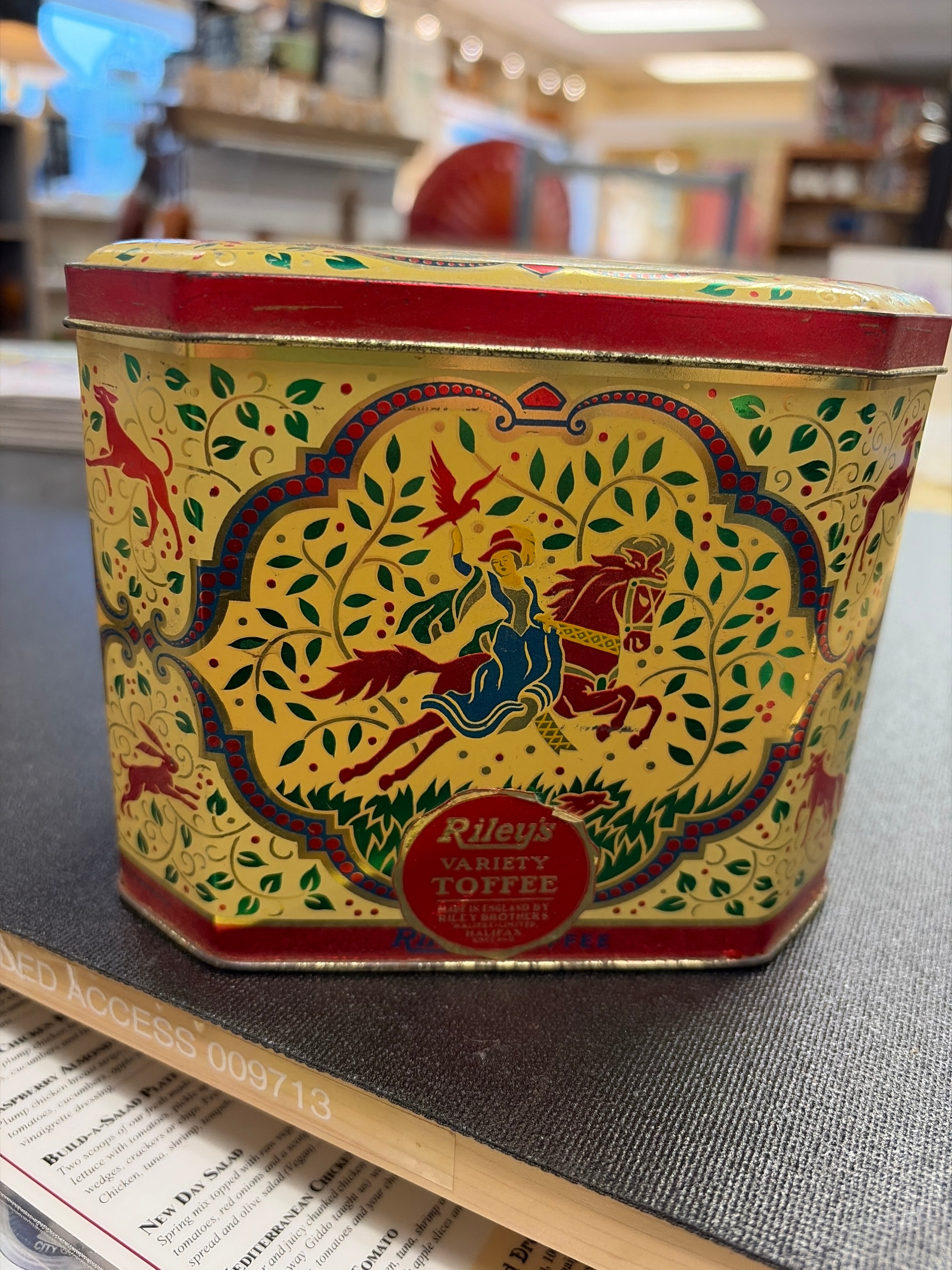 Rileys Toffee Tin Hunting Scenes Man and Maiden on Horseback Dogs Deer Fox Rabbit Hinged Lid Made in England