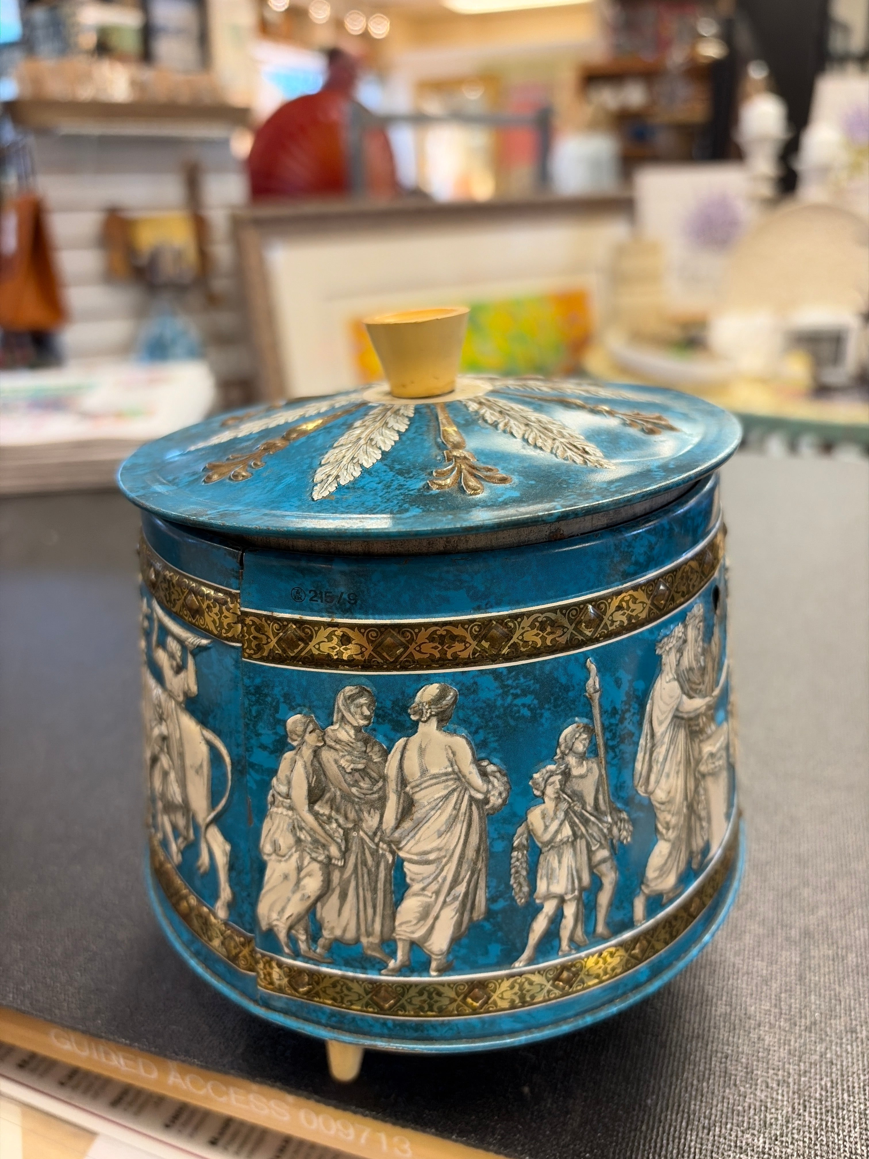 Vintage Riley's Embossed Toffee Tin with Handle and Grecian Motif