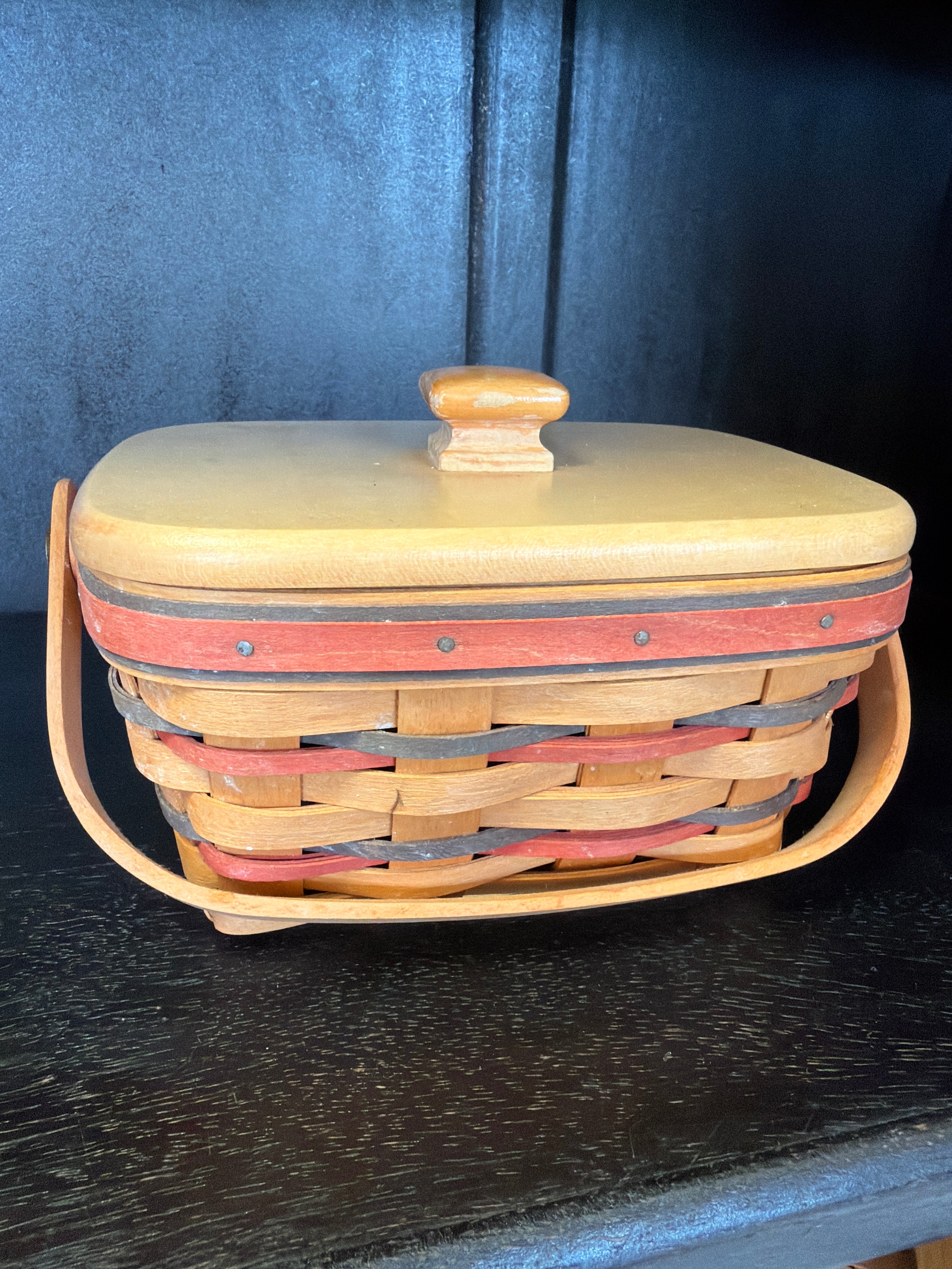 Longaberger 1996 #12611 Father's Day Address Card Basket, which includes a wooden lid and a swing handle