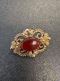 Vintage brooch oval, red carnelian cabochon stone