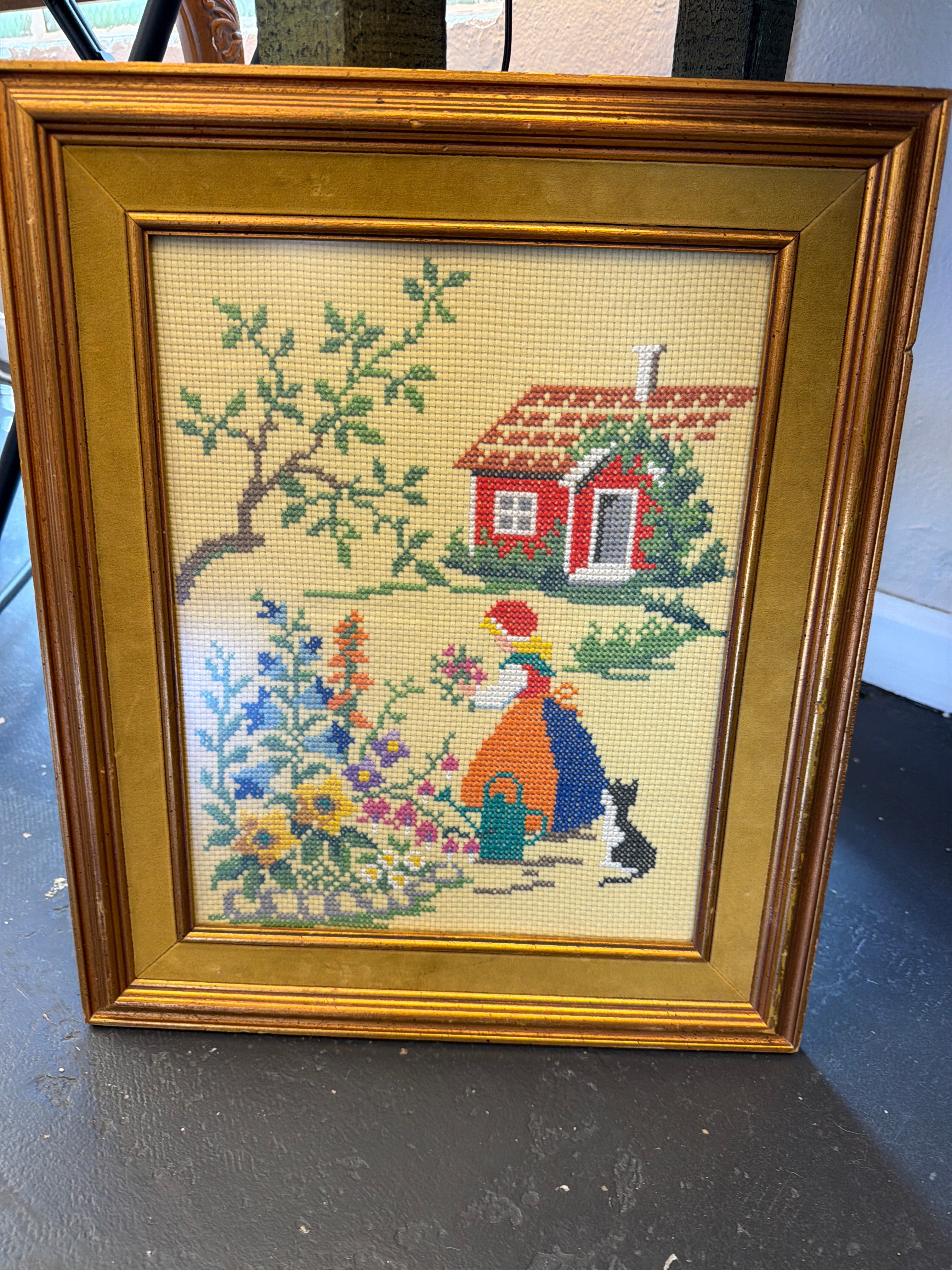 Maiden and cat embroidery