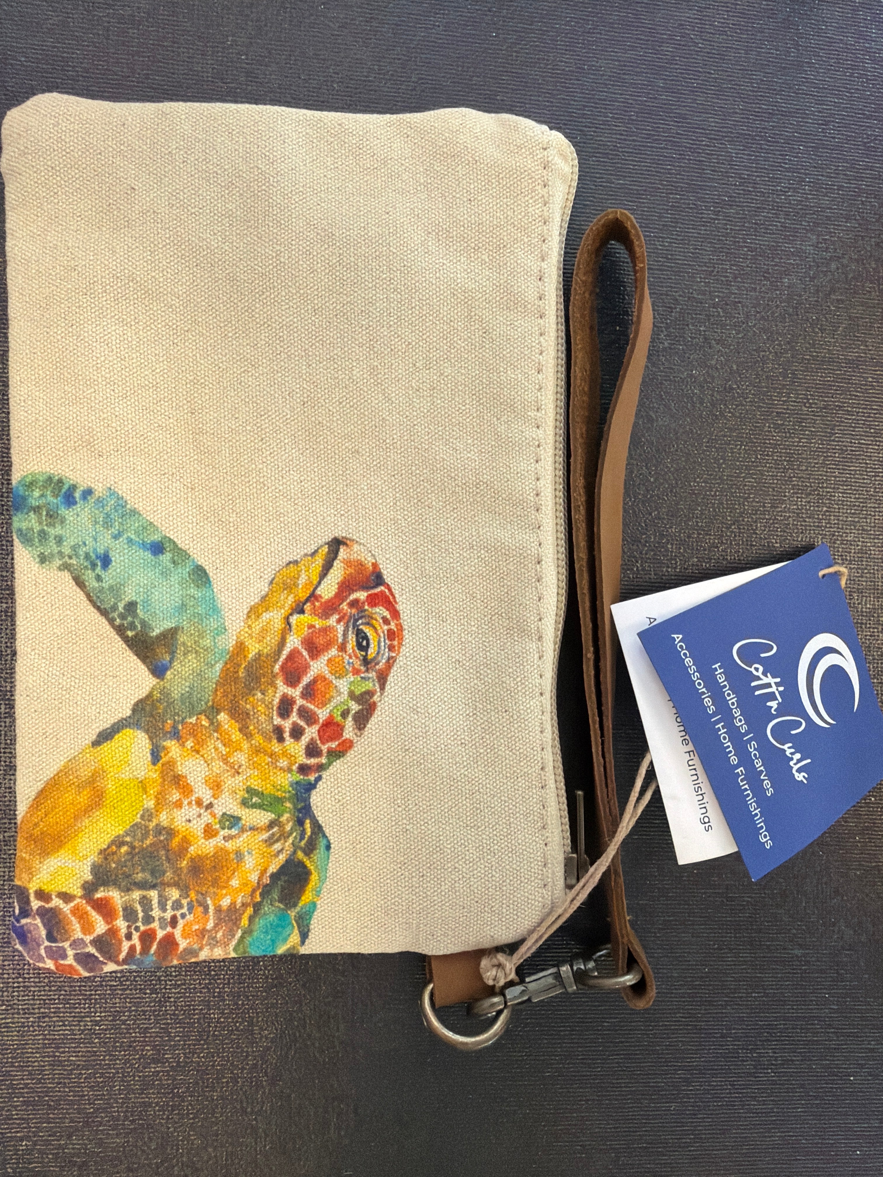 Sea Turtle canvas and leather wristlet