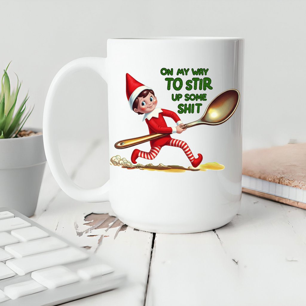 Christmas Mug Elf On My Way to Stir Up, Coffee Mug Cup: 11oz