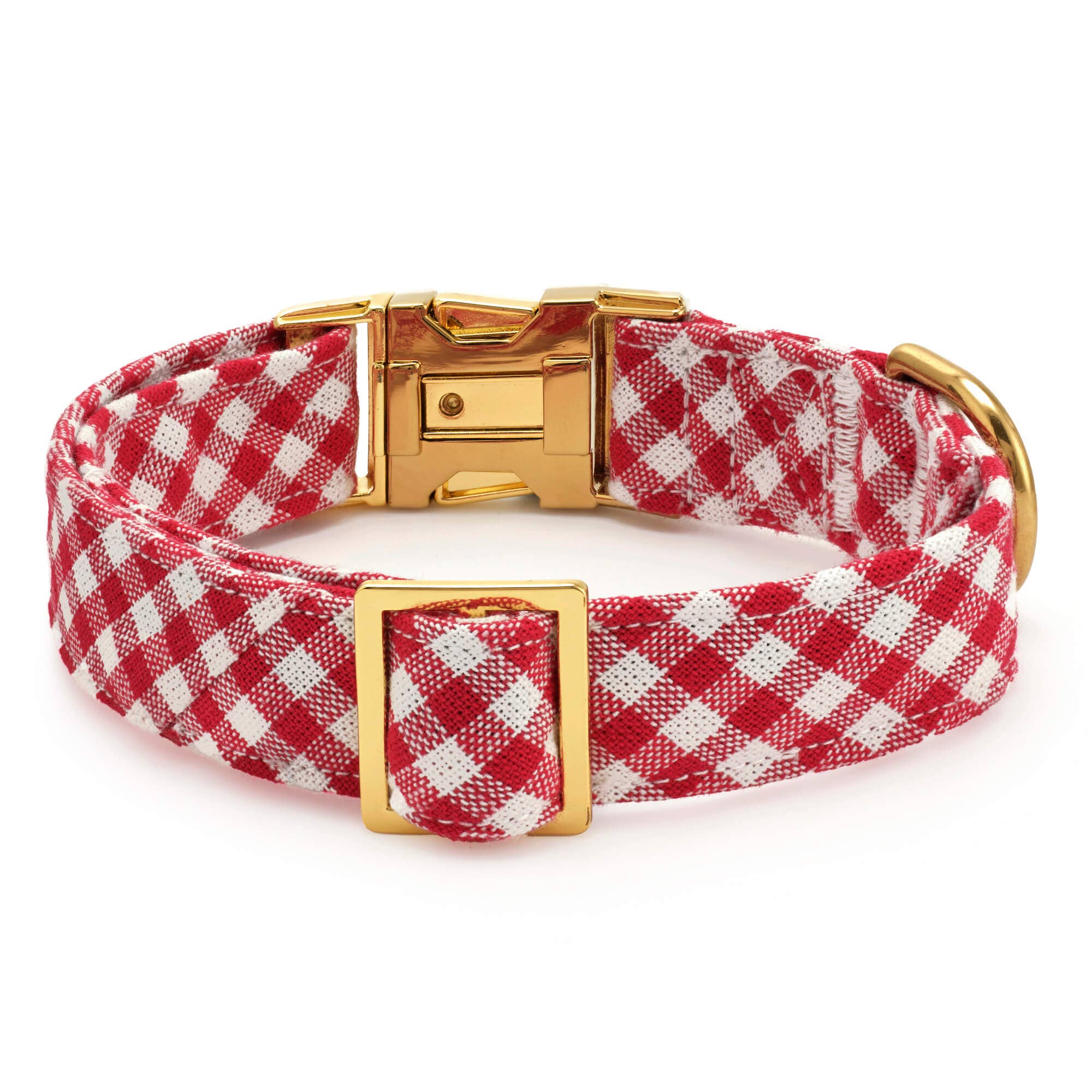 Red Gingham Dog Collar: L / Gold
