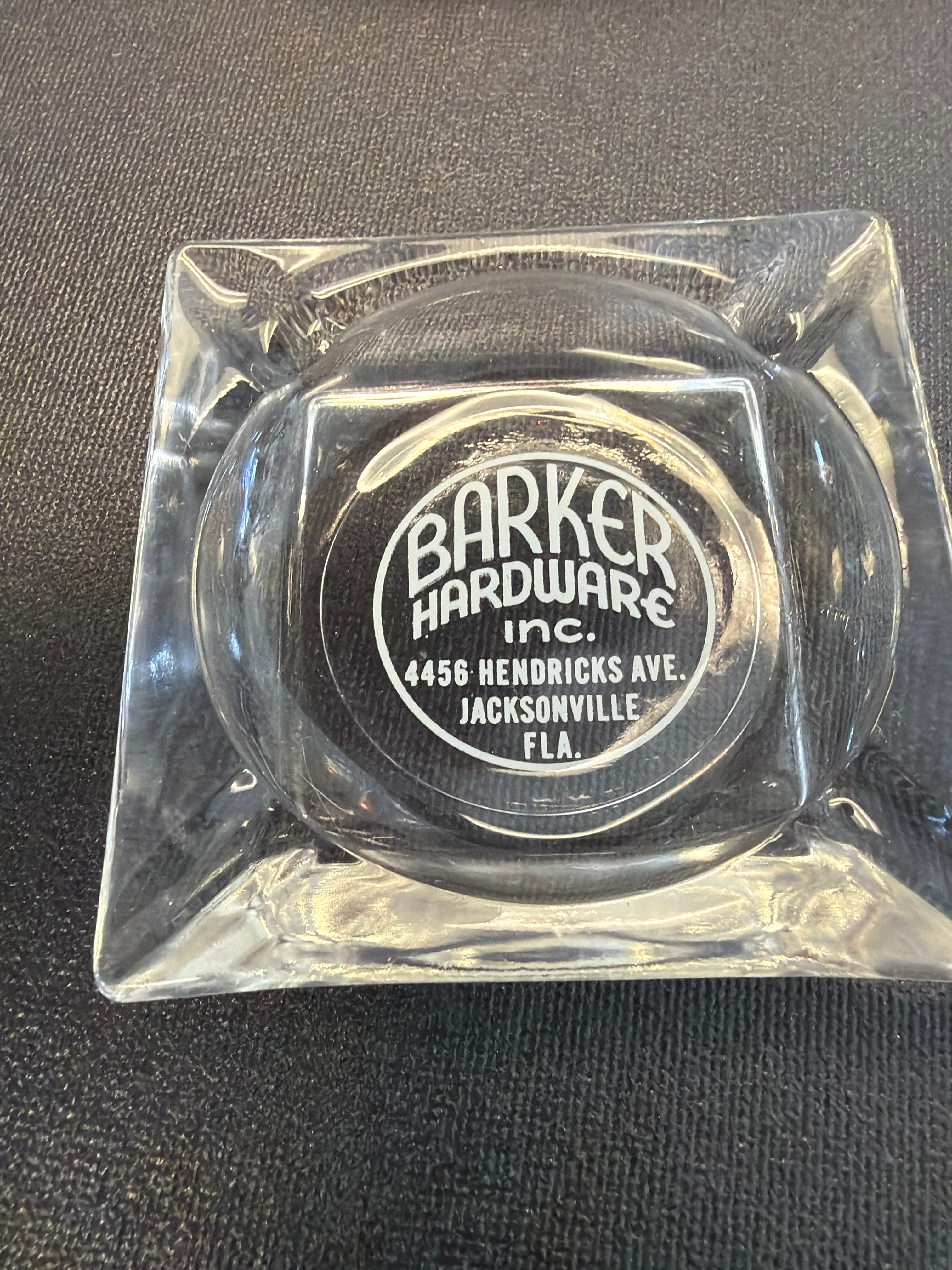 Vintage glass ashtray from Barker Hardware in Jacksonville, Florida (Hendrix Avenue)