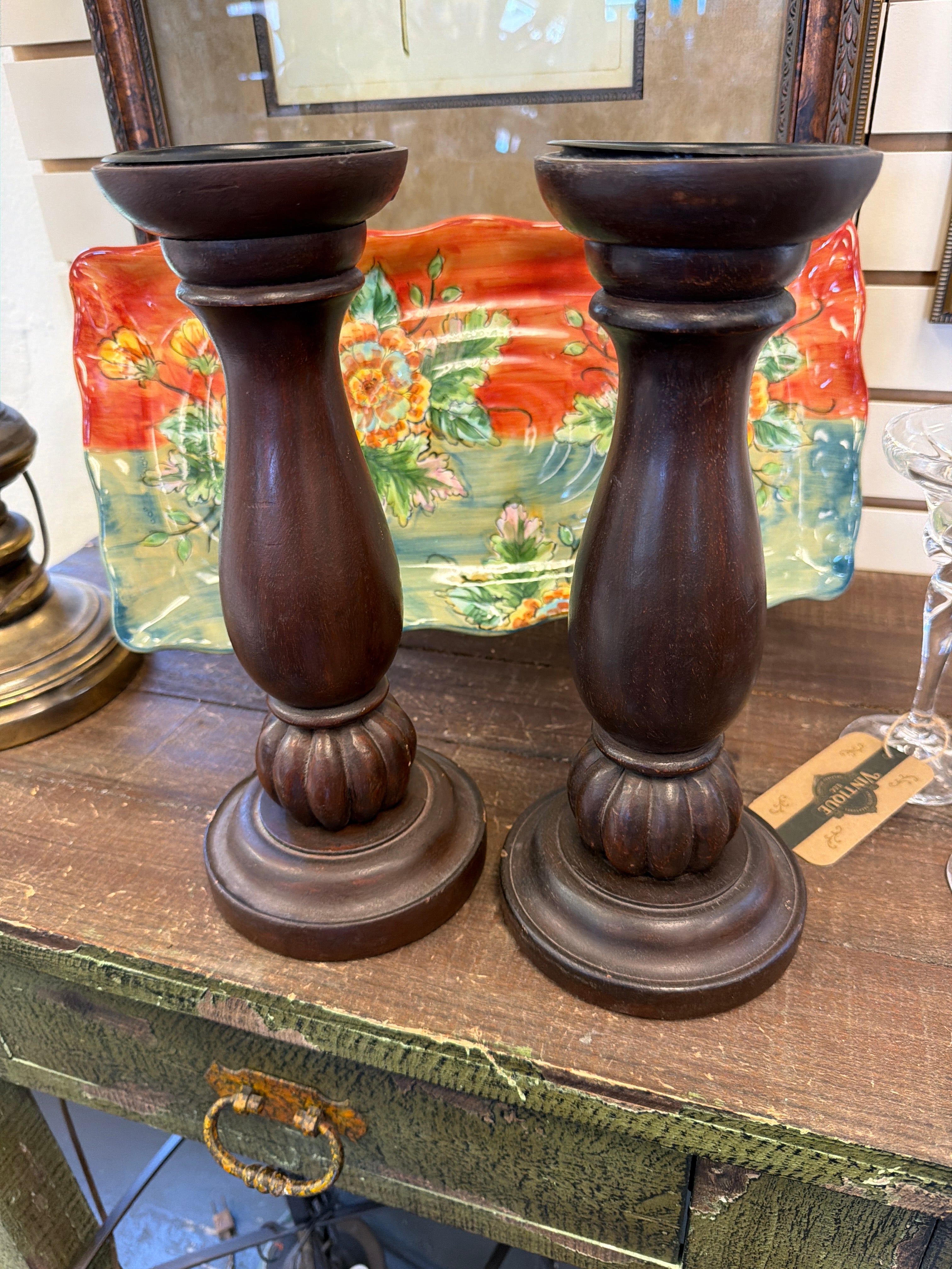 Pair wooden candleholders