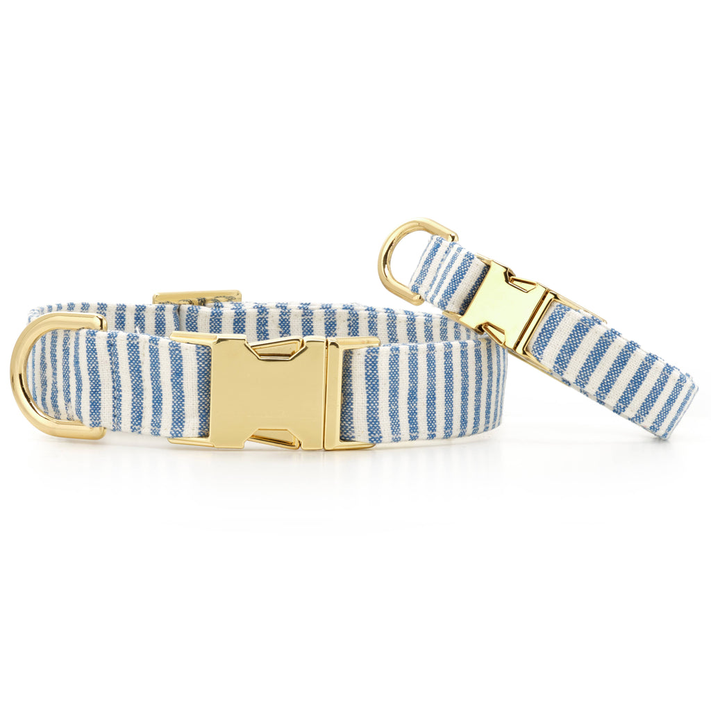 Lake Blue Stripe Summer Dog Collar: S/ Gold