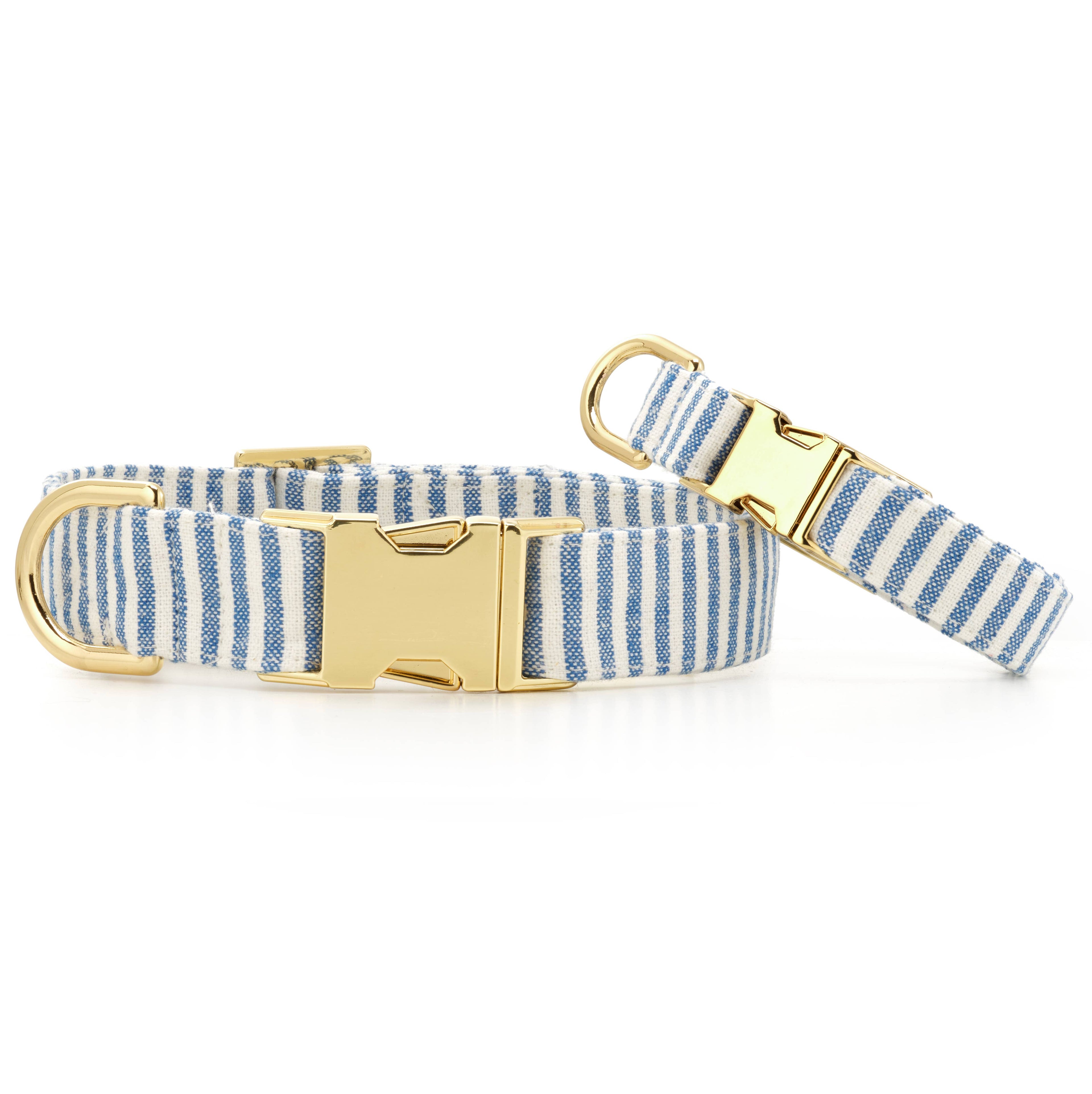 Lake Blue Stripe Summer Dog Collar: M/ Gold
