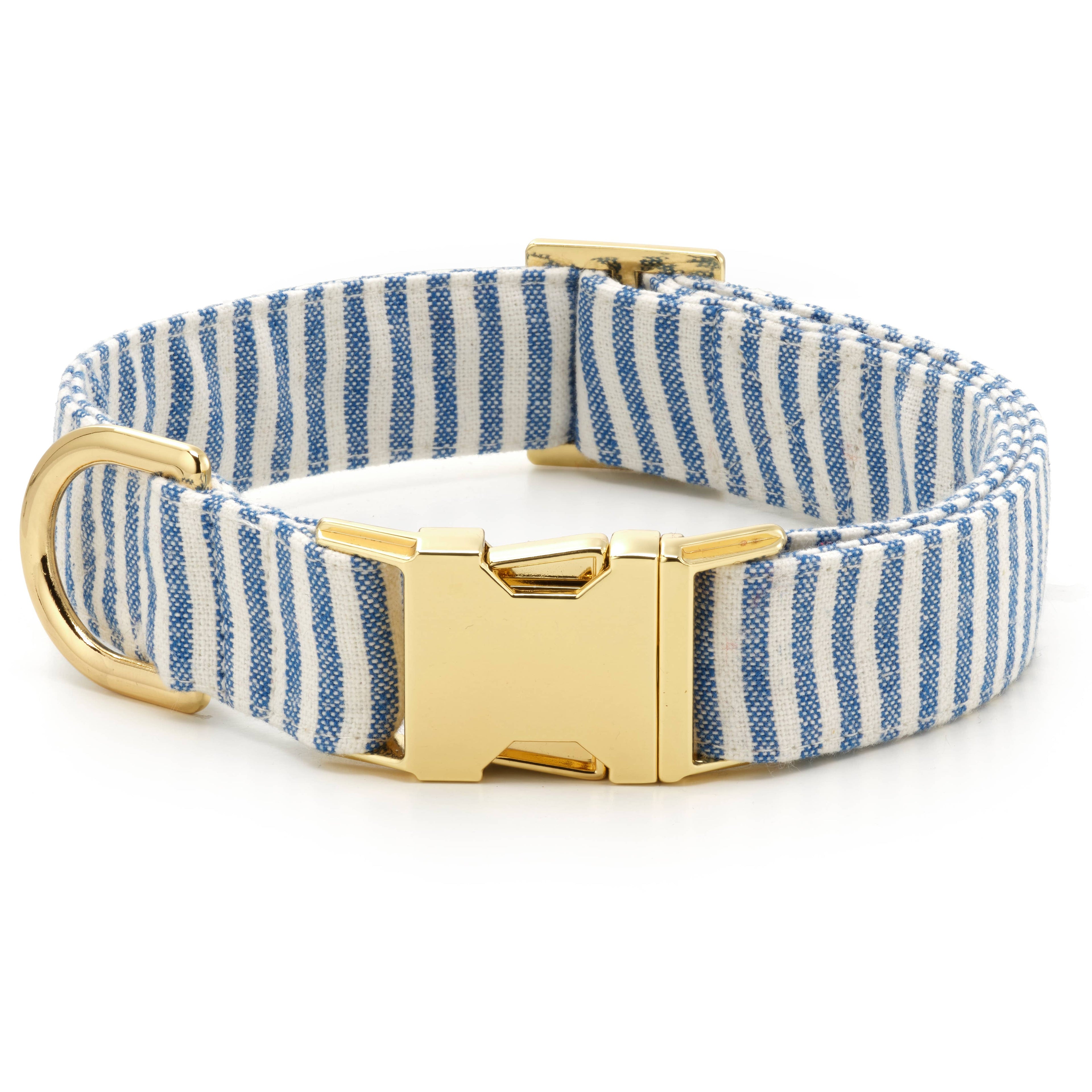 Lake Blue Stripe Summer Dog Collar: L/ Gold