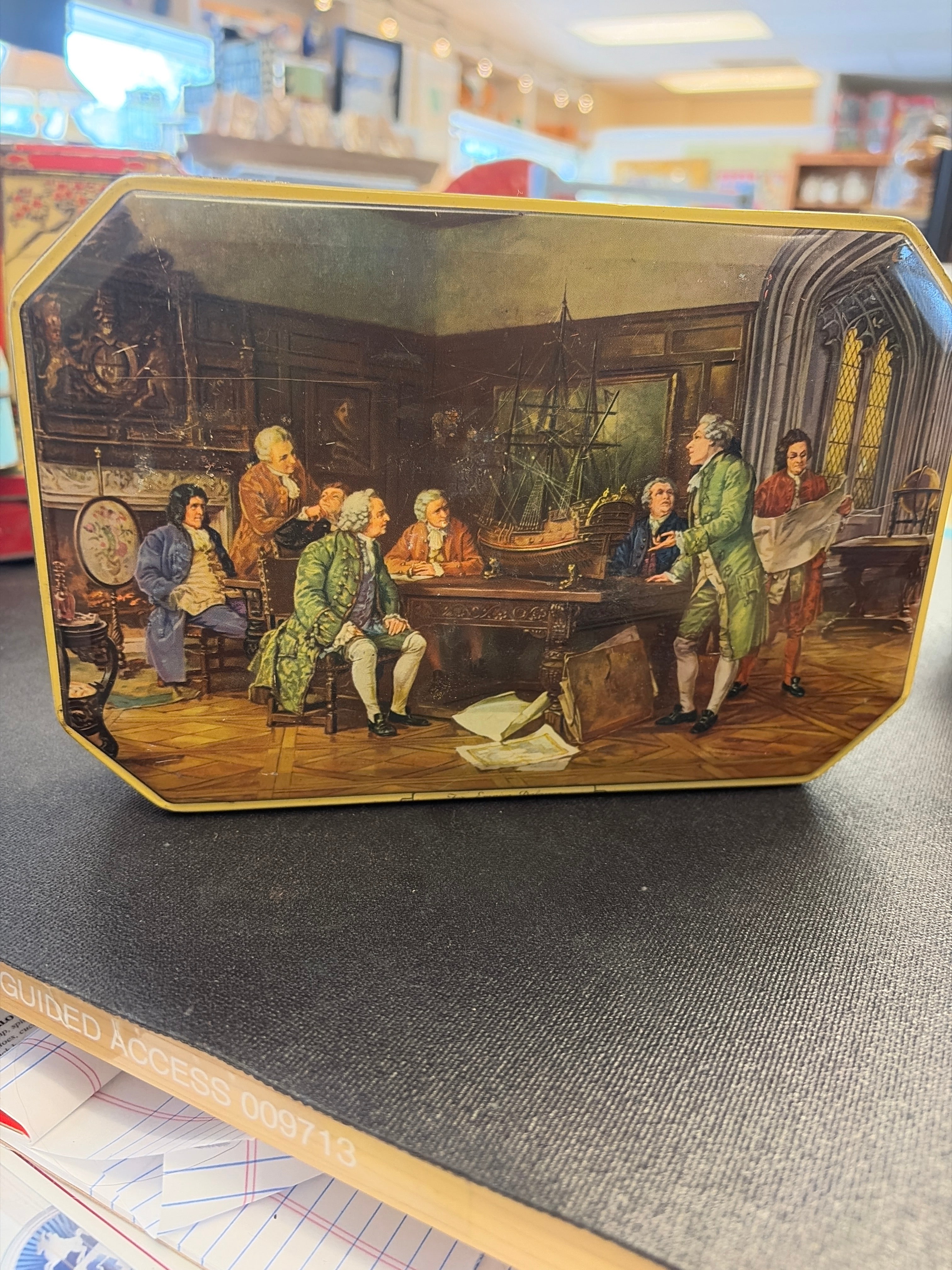 Vintage Fillerys Toffees Ltd. "For Empire Defense" tin featuring a scene by artist Margaret Dovaston