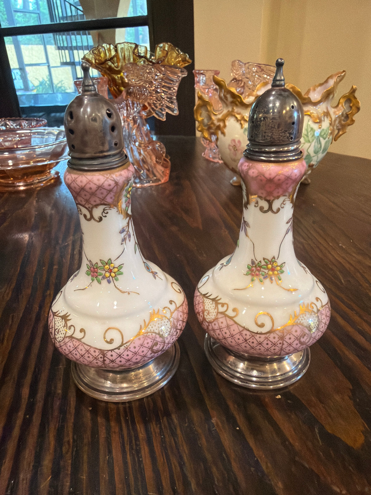 Hand Painted Silver and Porcelain Salt and Pepper Shakers