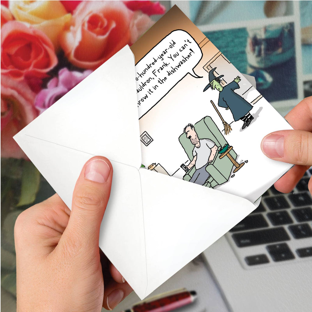 Funny Halloween Greeting Card - Witch Dishwasher