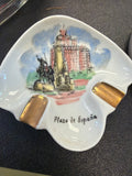 ceramic "Plaza de España" souvenir ashtray from Spain featuring a scalloped edge and gold-toned cigarette rests