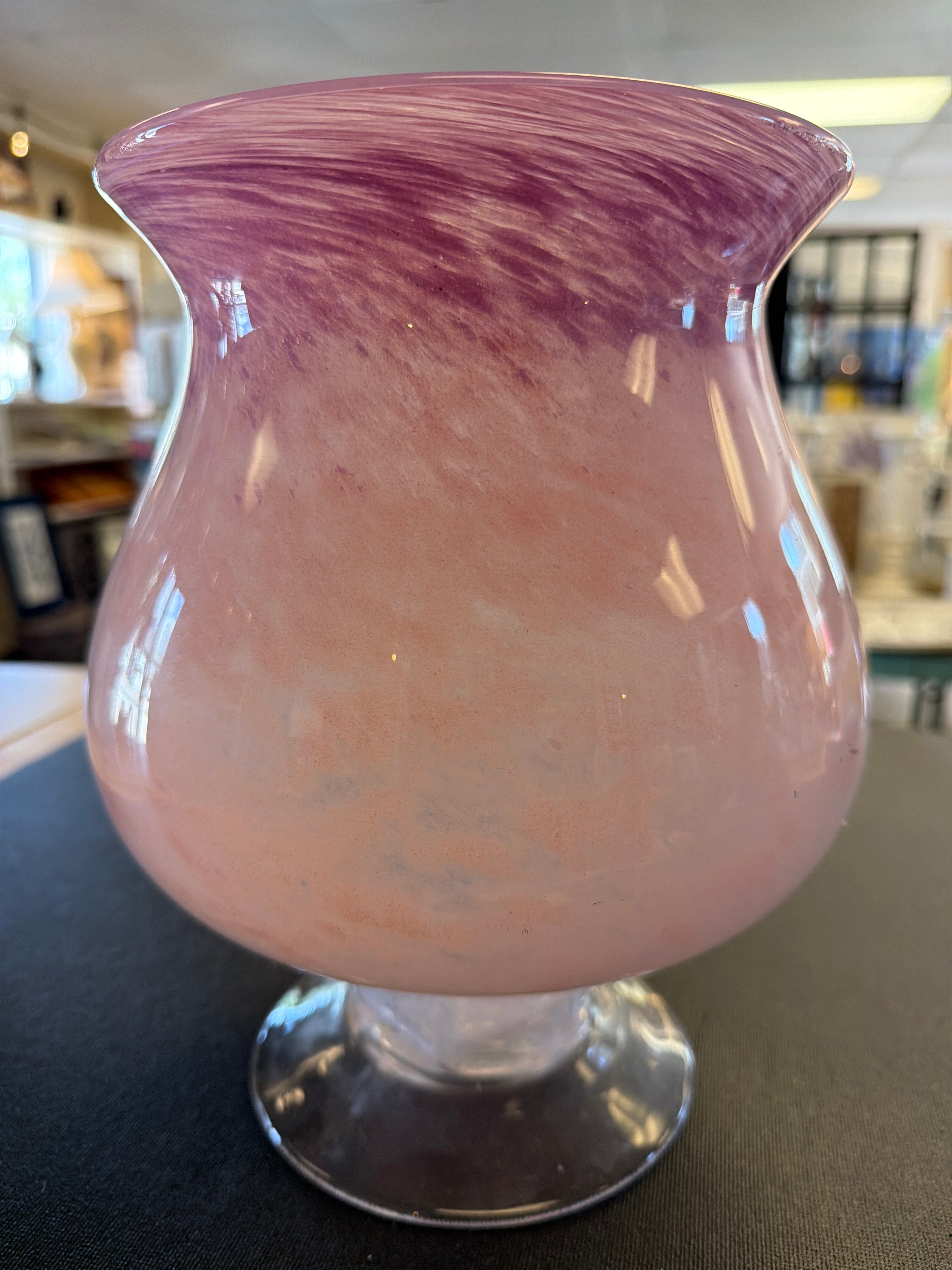 Hand blown pink pedestal vase
