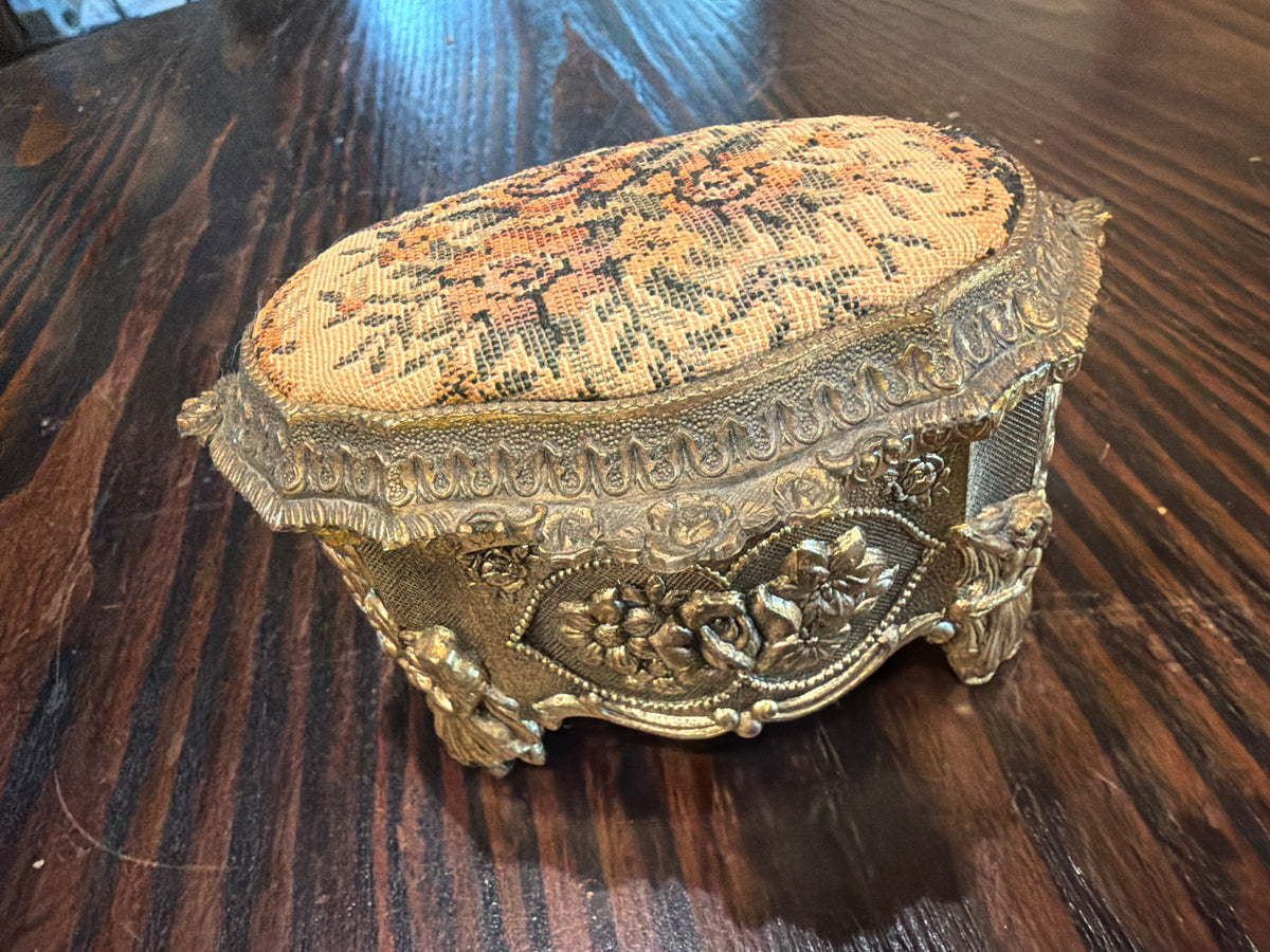 Vintage gold-toned metal and needlepoint or cross-stitch floral trinket/music box