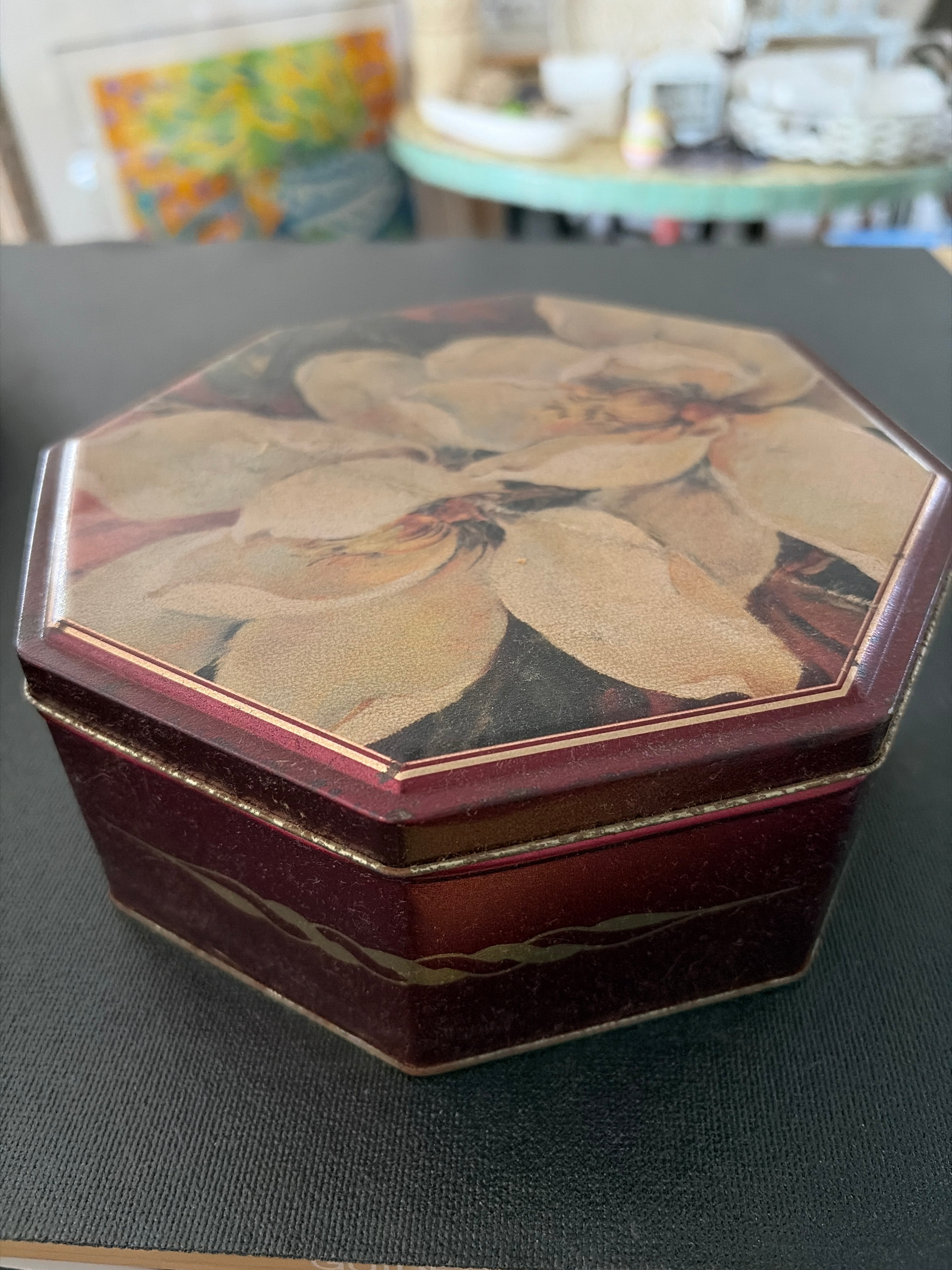6" Vintage cookie tin. 1997 Decorative round metal box by Barbara Mock