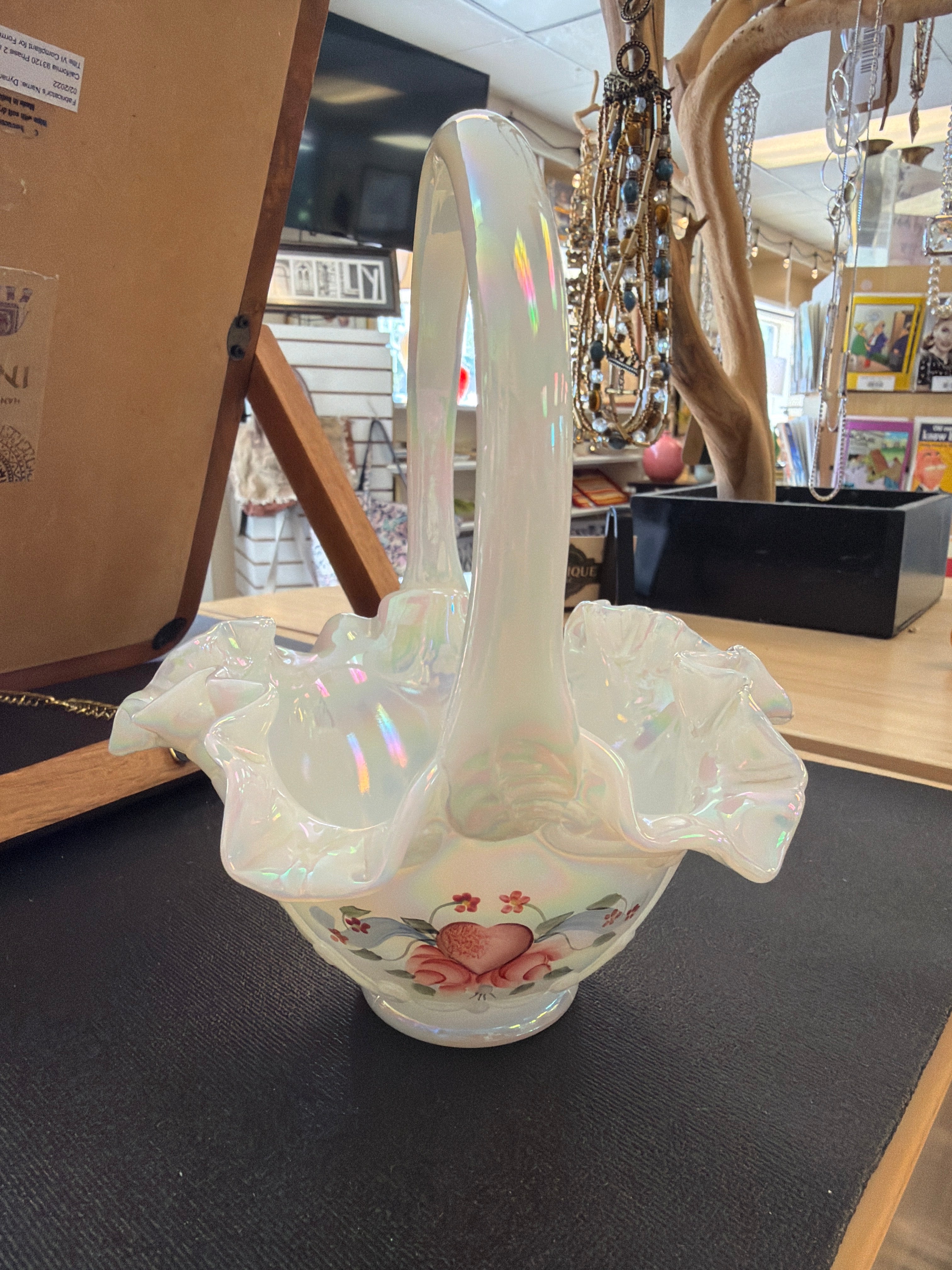 Fenton white iridescent glass basket