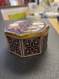Vintage collectible Meister lidded tin made in Brazil featuring a purple and gold geometric or floral design