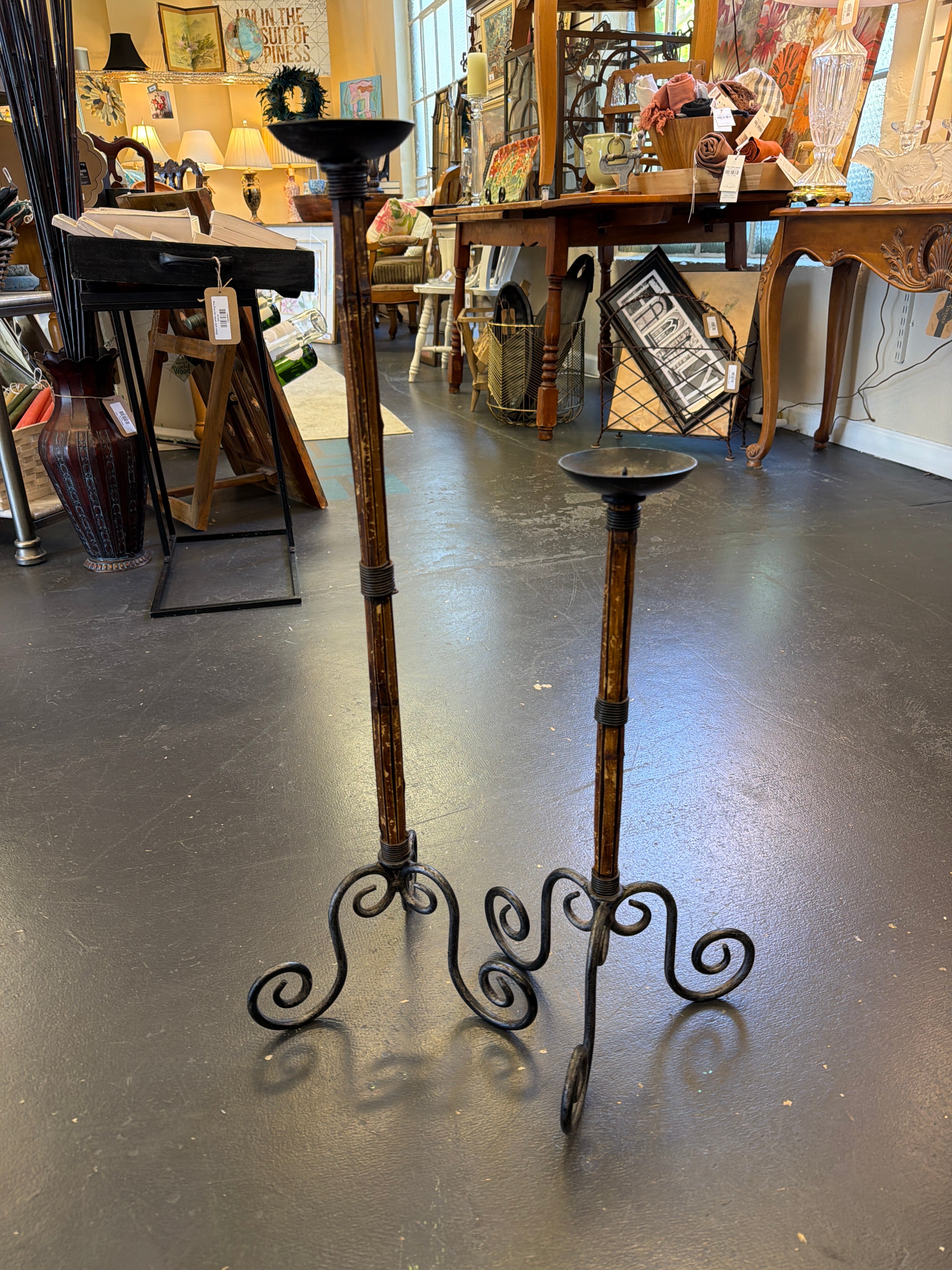 Pair Iron and Bamboo Candleholders