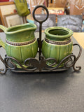 Rare Cracker Barrel Elegant Rooster Ceramic Sugar, Creamer & Metal Rooster Caddy