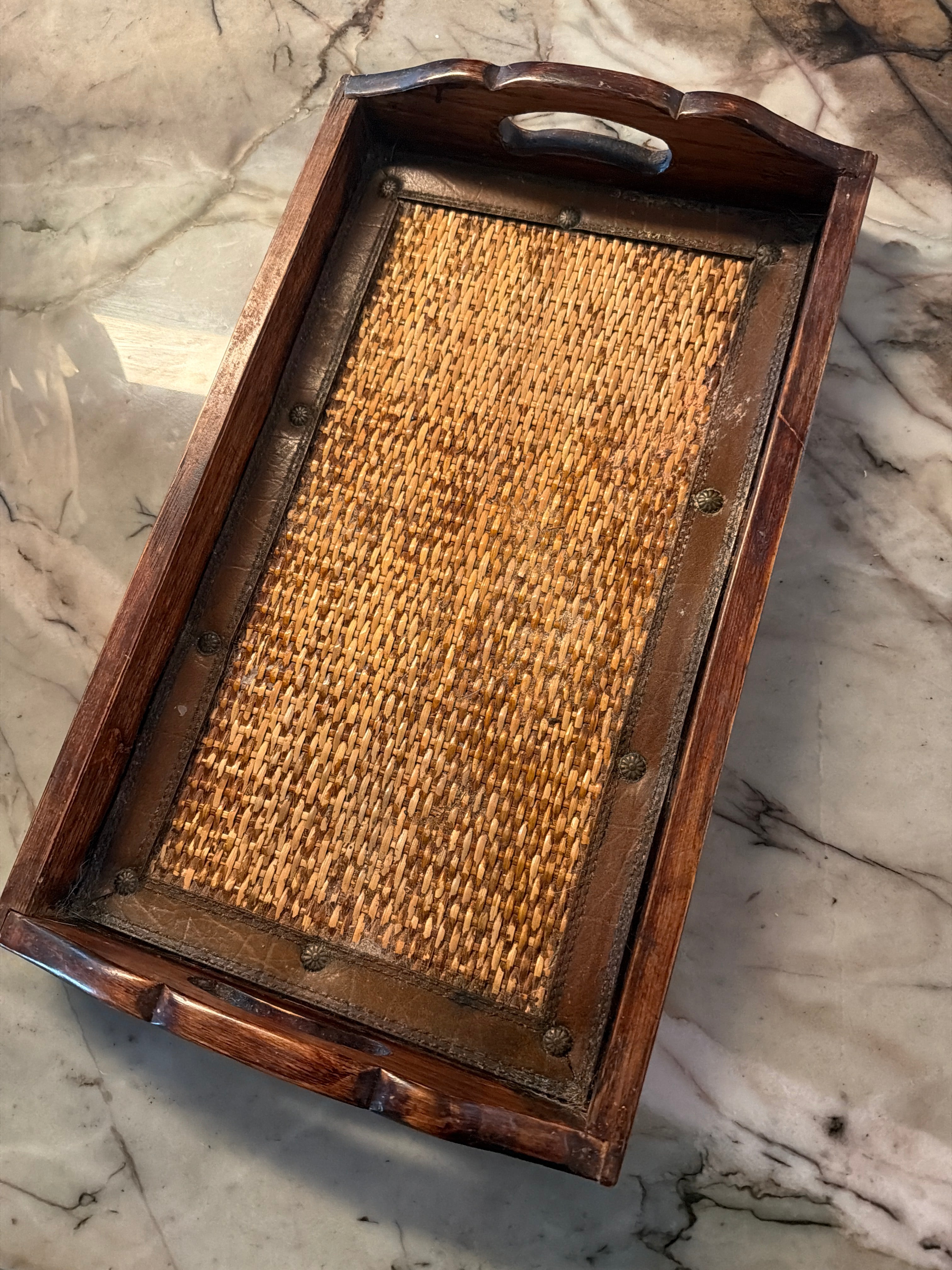 Rattan and leather tray