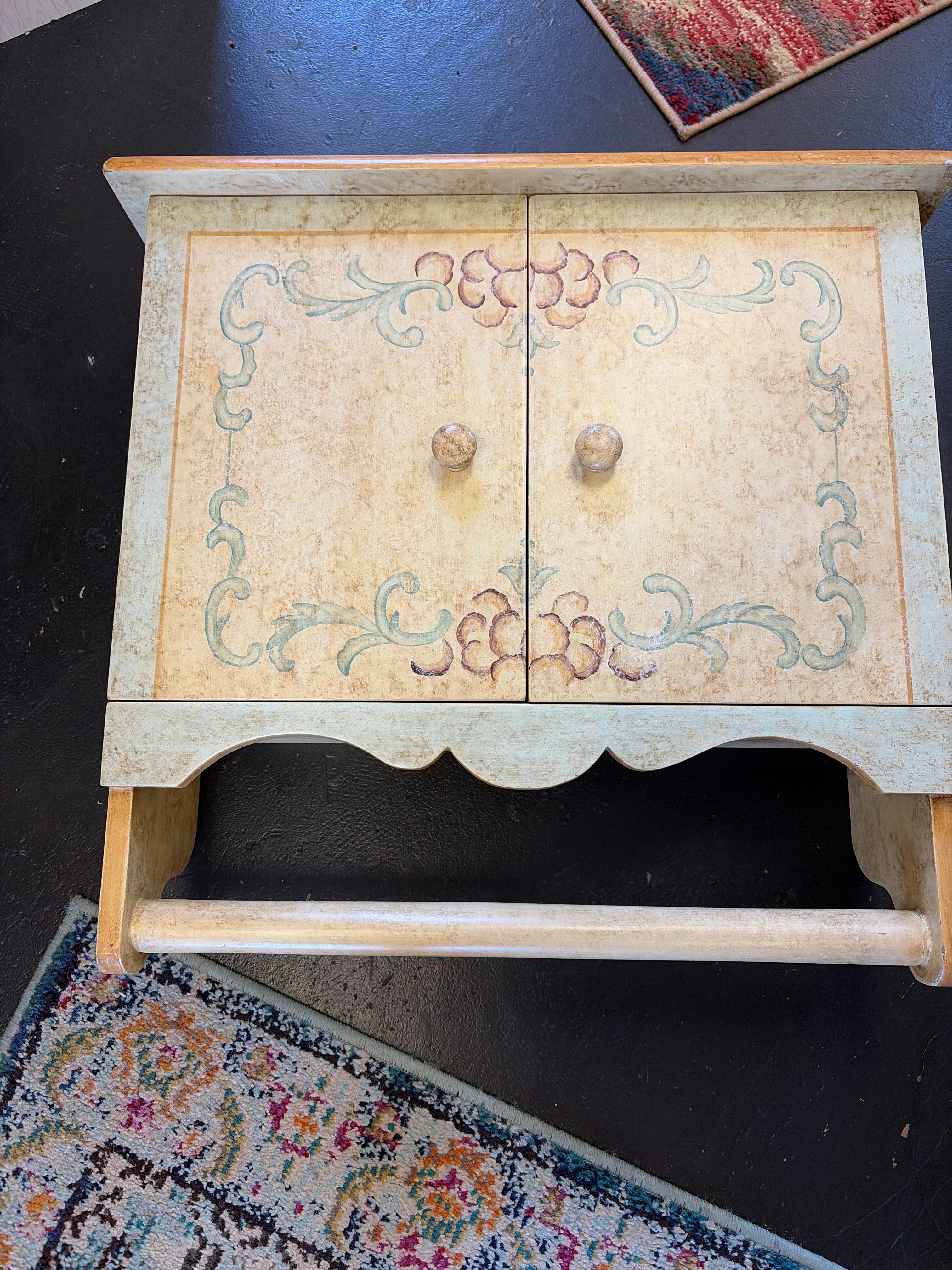 Habersham Country French server cabinet features a factory-distressed, hand-painted floral decoration on a cream finish