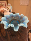Vintage blue opalescent glass footed bowl