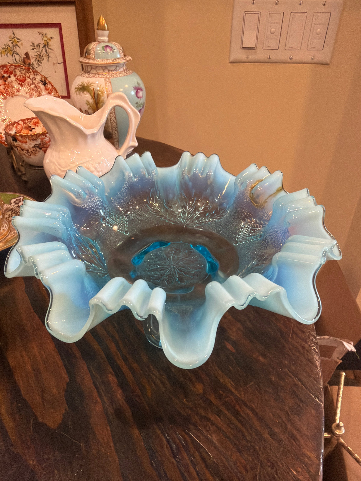 Vintage blue opalescent glass footed bowl