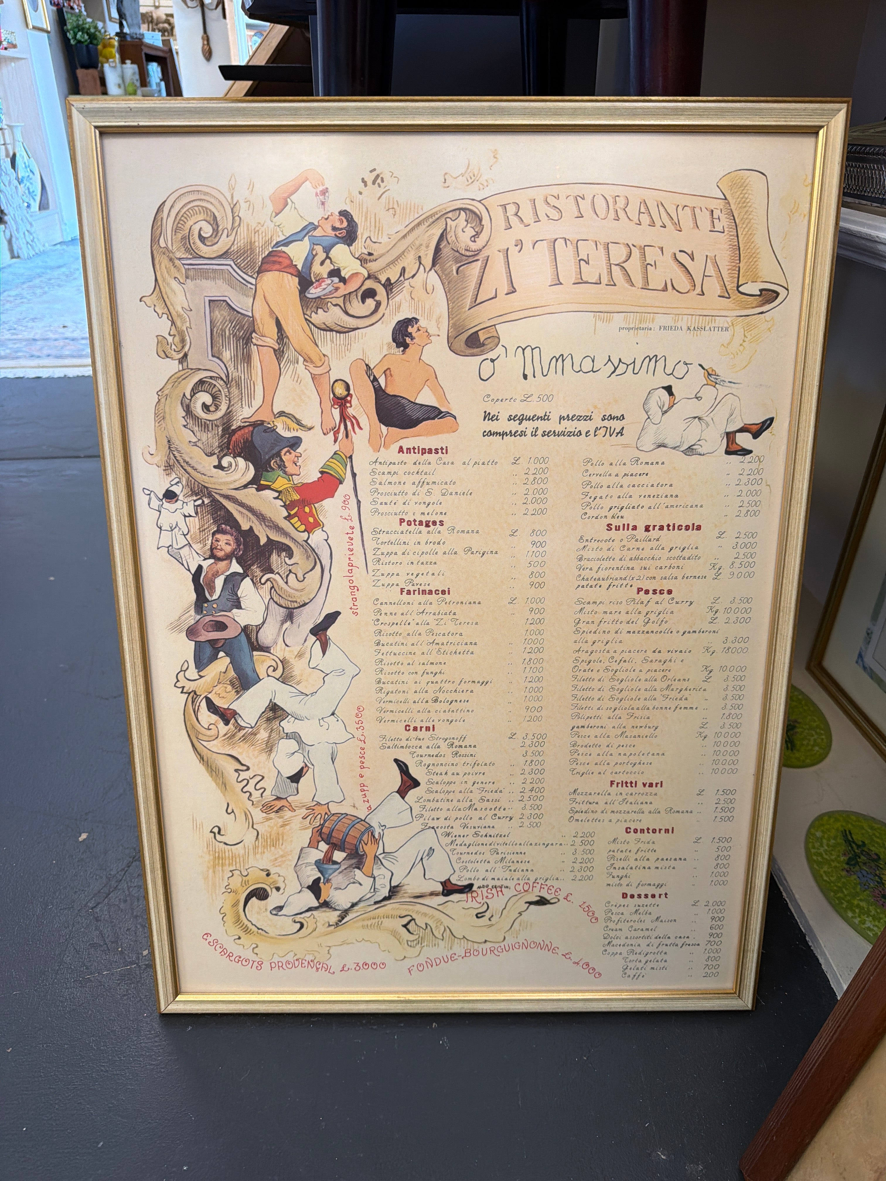 Vintage menu poster for Ristorante Zi' Teresa, located in Naples, Italy.