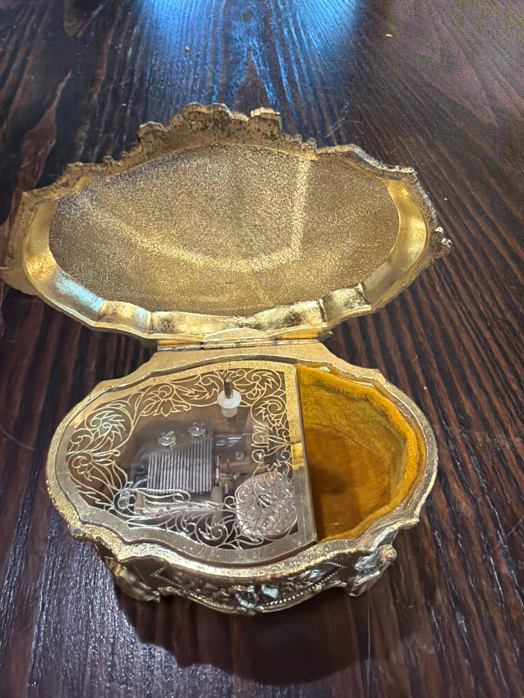 Vintage gold-toned metal and needlepoint or cross-stitch floral trinket/music box
