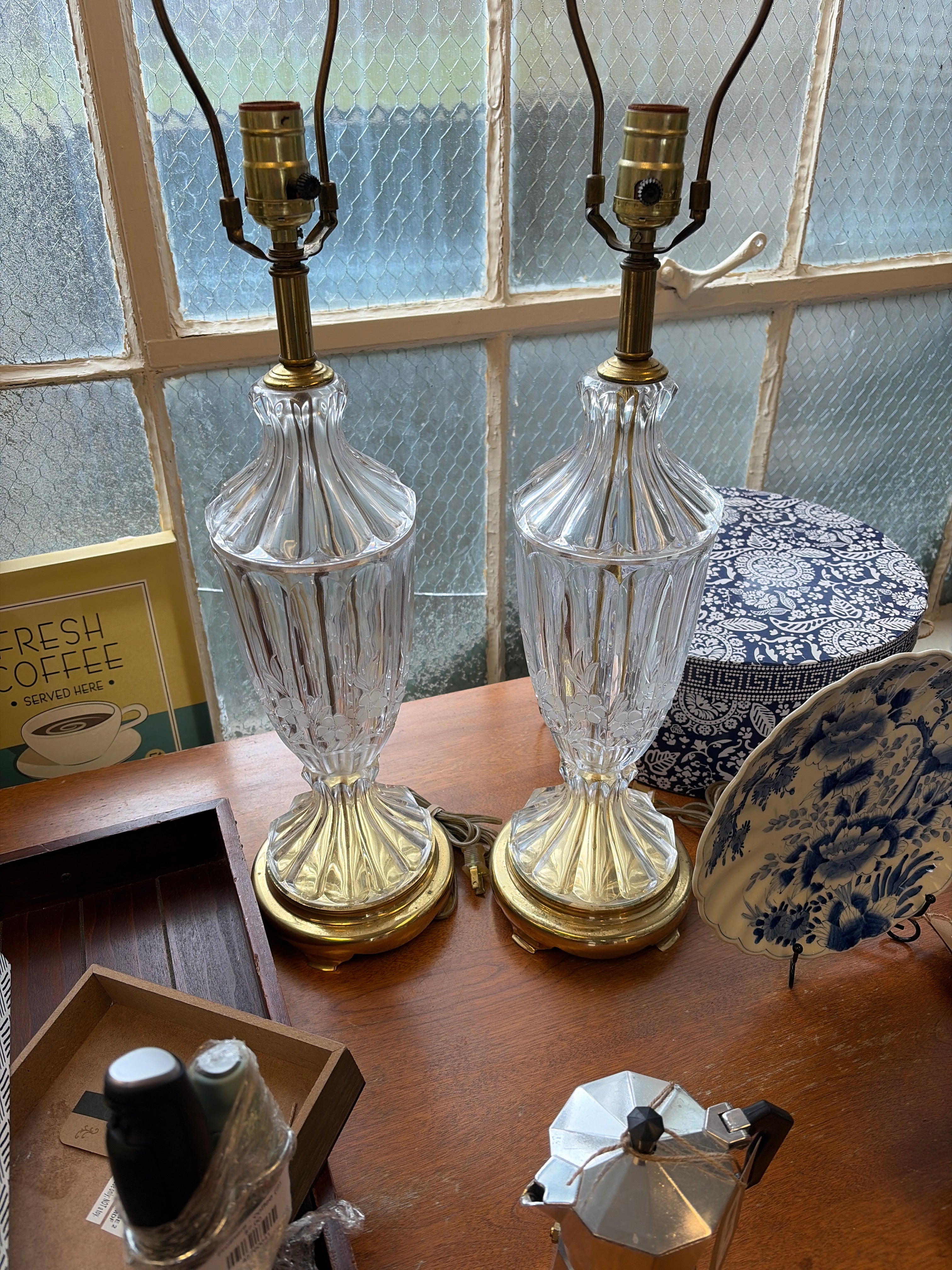 Glass and brass table lamps
