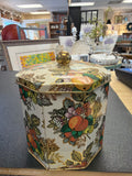 Made In England Vintage Octagonal Tin With Knobbed Lid Fruit And Leaves 4.5"