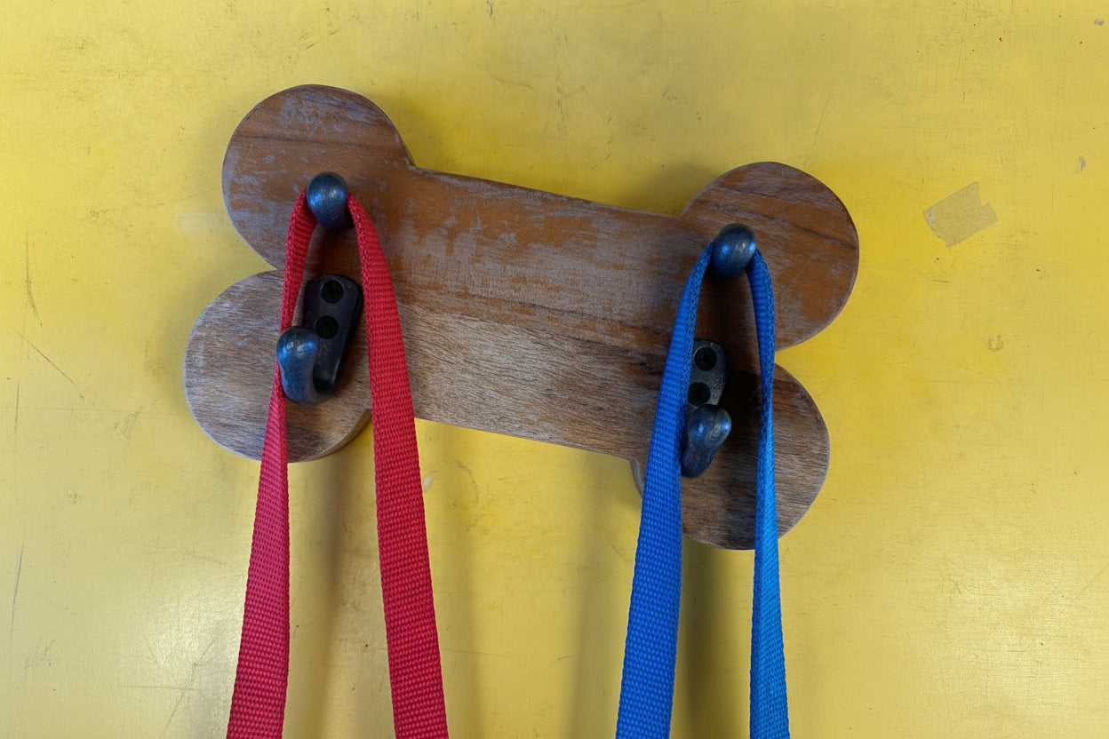 Wooden dog bone-shaped hooks with metal rings on a yellow background