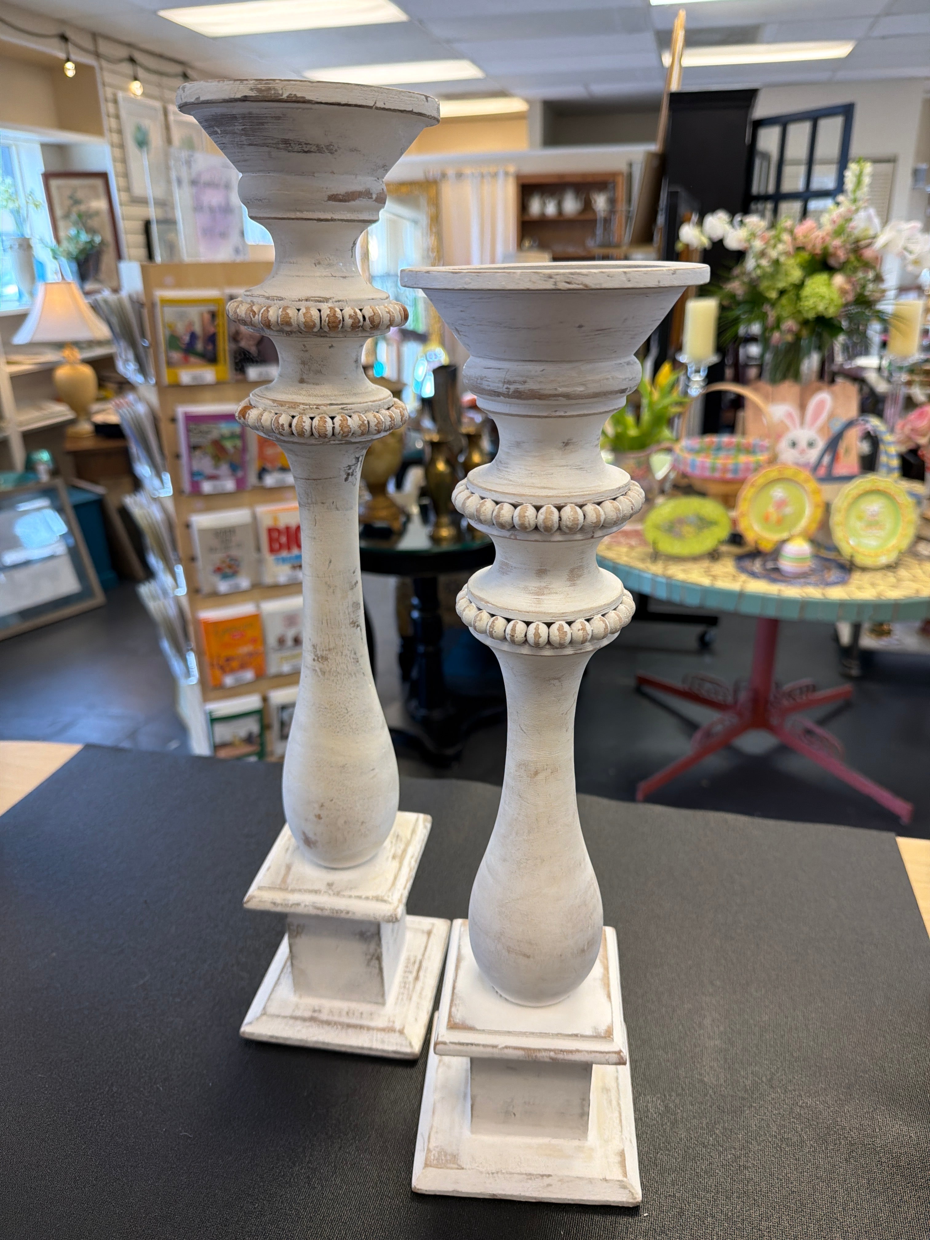 Whitewashed wooden pillar candle holders (pair)