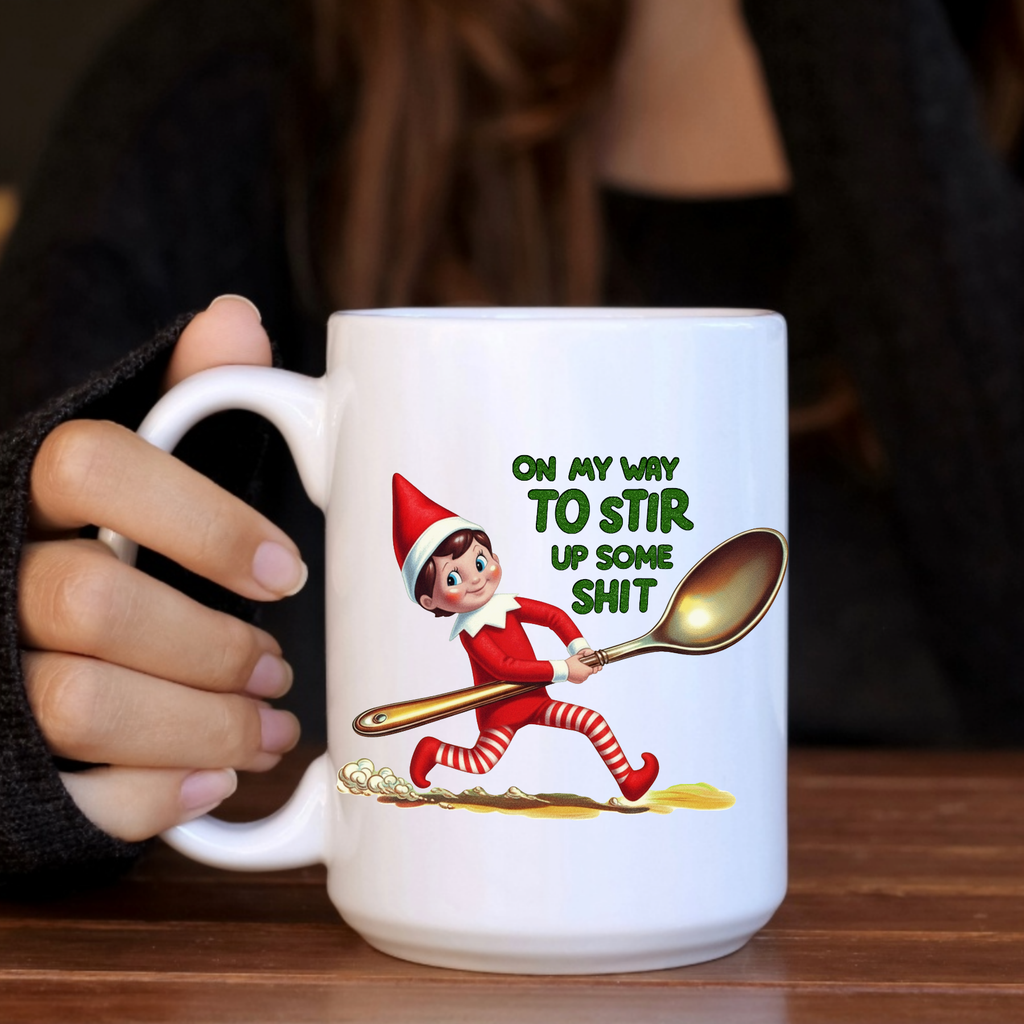 Christmas Mug Elf On My Way to Stir Up, Coffee Mug Cup: 11oz