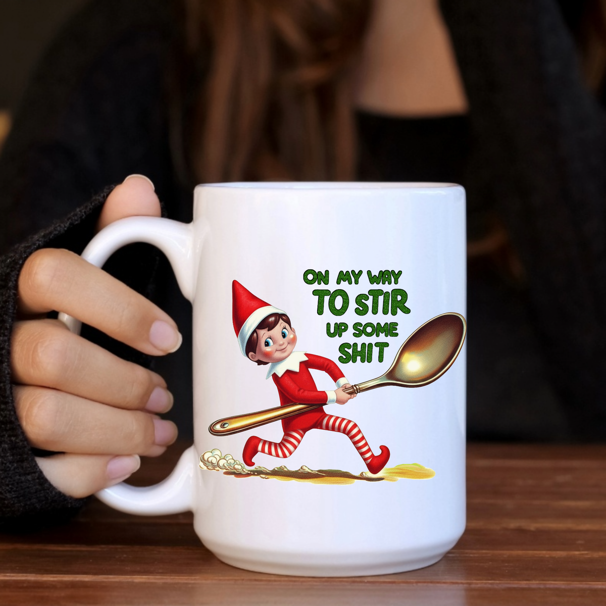 Christmas Mug Elf On My Way to Stir Up, Coffee Mug Cup: 11oz