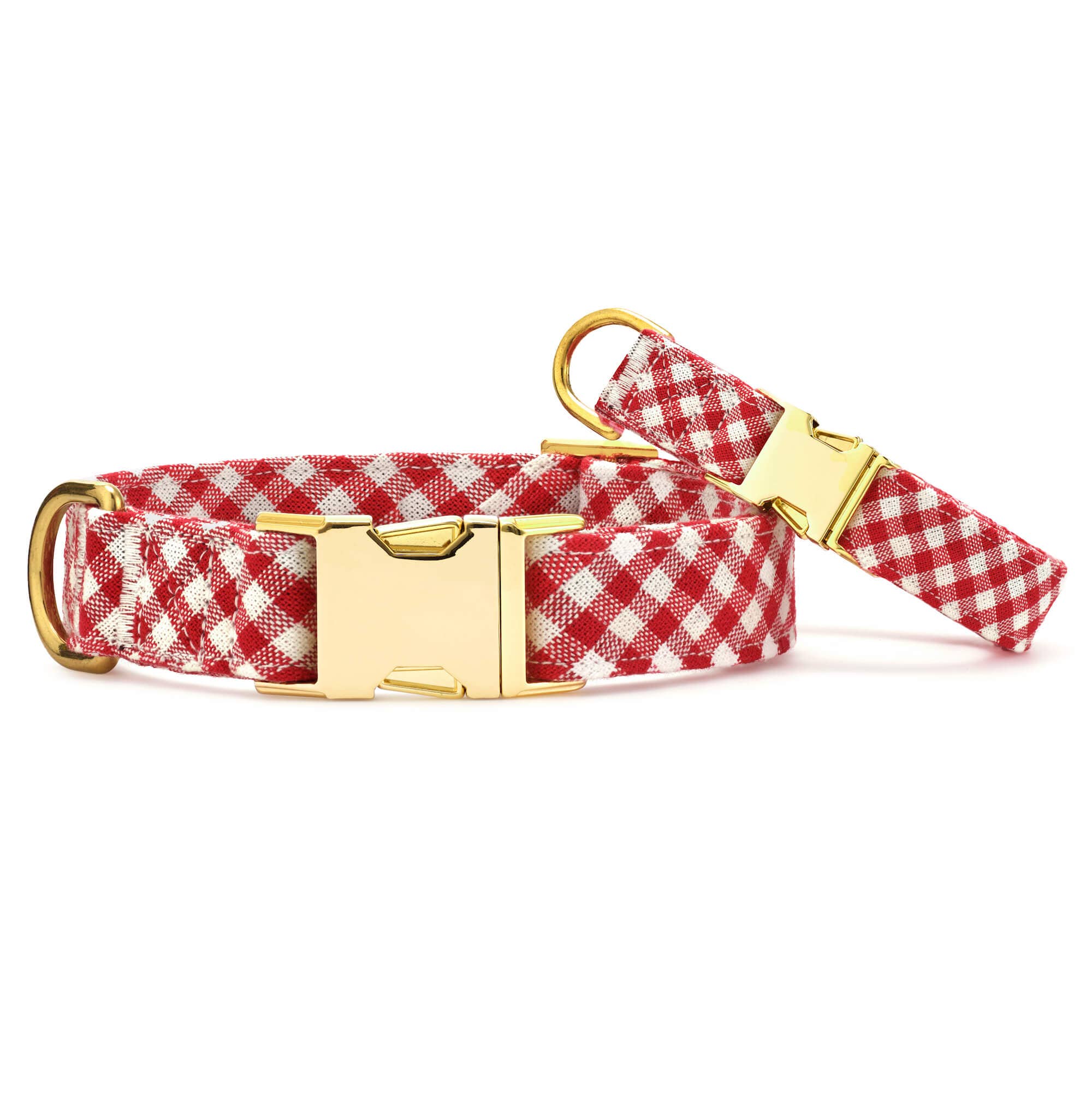 Red Gingham Dog Collar: M / Gold